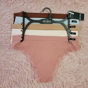 BCBG Ribbed Lace Trim High Leg Thong Set - XL